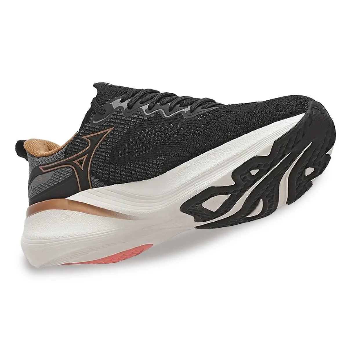 Ângulo inferior do Mizuno Glow 3 destacando solado de borracha e entressola com amortecimento